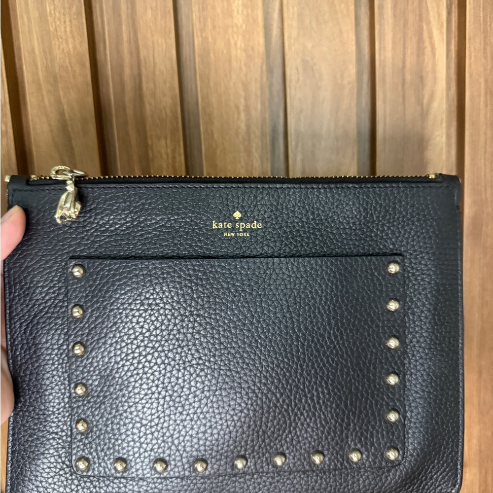 Kate Spade Black Pebbled Leather Clutch with Gold Studs